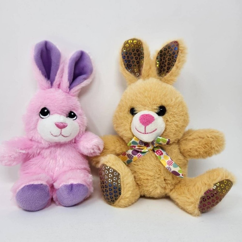 Set of 2 Plush Bunnies, Brown with Bow Tie Hug & Luv Bunny